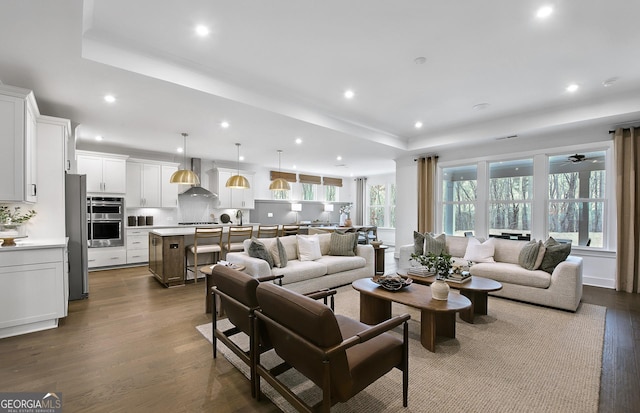 living room with a tray ceiling and dark wood-type flooring