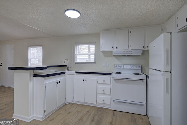 kitchen with white cabinetry, sink, kitchen peninsula, white appliances, and light hardwood / wood-style flooring