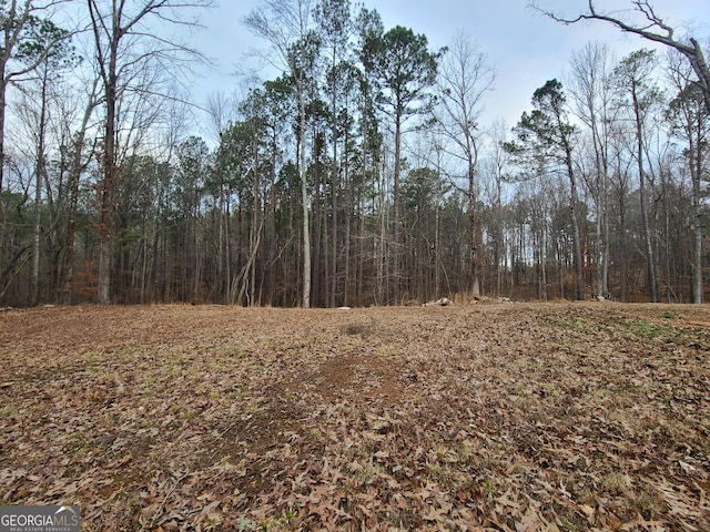 view of landscape featuring a forest view