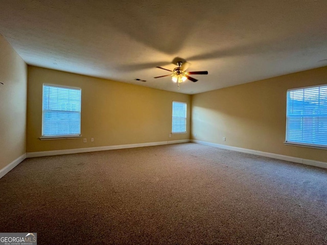 carpeted empty room with plenty of natural light, a textured ceiling, and ceiling fan