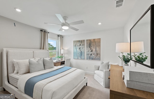 carpeted bedroom with ceiling fan