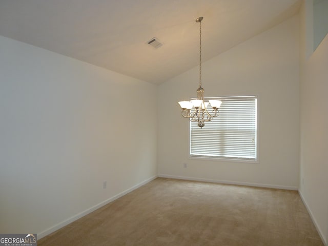 empty room with light carpet, visible vents, baseboards, and an inviting chandelier