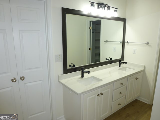 bathroom with double vanity, wood finished floors, a closet, and a sink