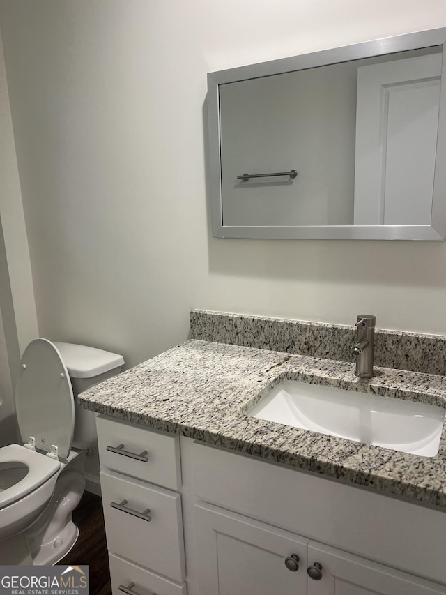 bathroom with hardwood / wood-style flooring, vanity, and toilet