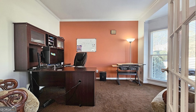 home office featuring dark carpet and ornamental molding