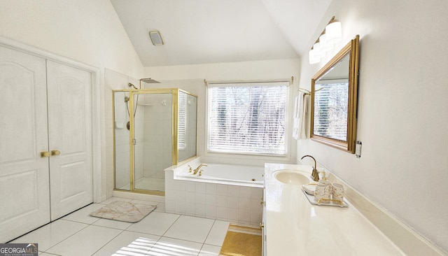 bathroom with vaulted ceiling, vanity, tile patterned floors, and plus walk in shower