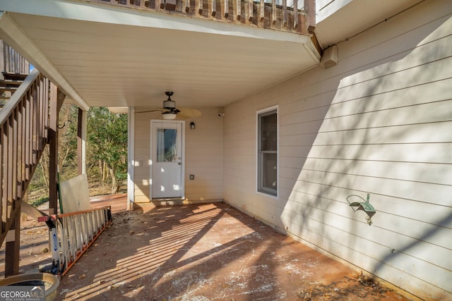 view of patio featuring ceiling fan