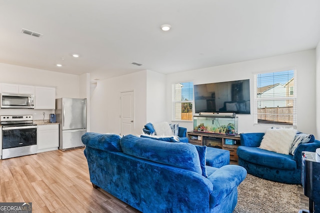 living room with light hardwood / wood-style flooring