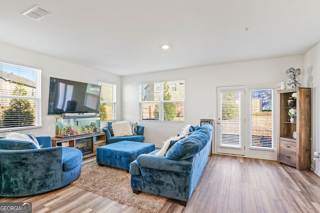 living room featuring plenty of natural light and light hardwood / wood-style floors