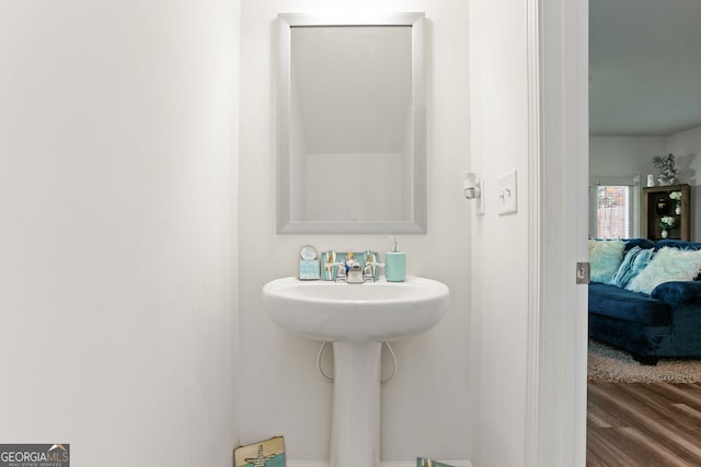 bathroom with hardwood / wood-style flooring