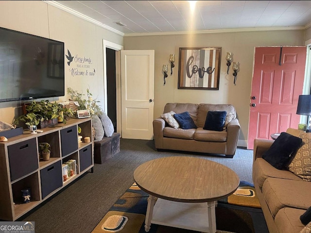 carpeted living room featuring ornamental molding