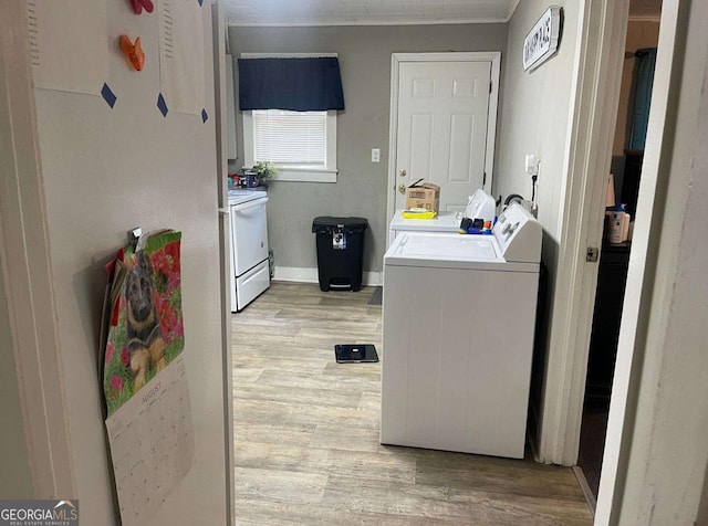 washroom with washer and clothes dryer and light wood-type flooring