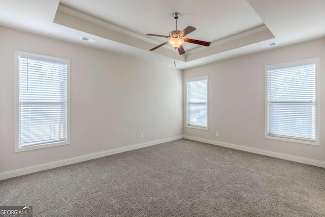 spare room featuring crown molding, carpet flooring, ceiling fan, and a tray ceiling