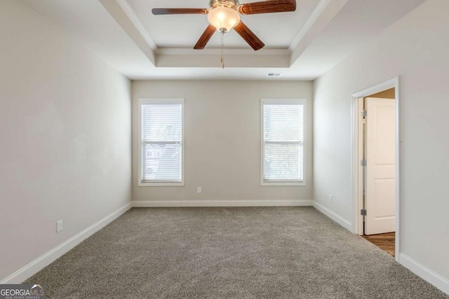 spare room featuring crown molding, a wealth of natural light, and a tray ceiling