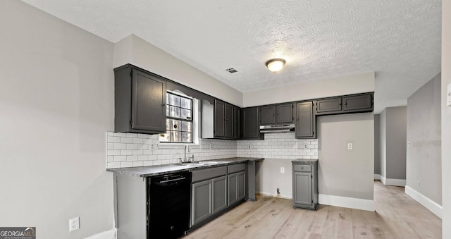 kitchen featuring sink, tasteful backsplash, light wood-type flooring, gray cabinets, and dishwasher