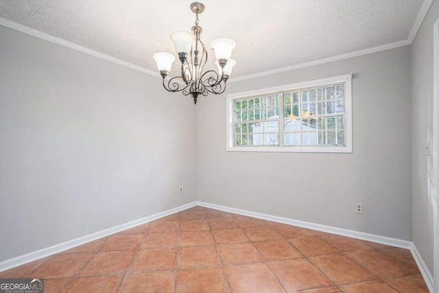 tiled empty room with an inviting chandelier, crown molding, and a textured ceiling