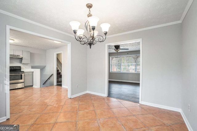 unfurnished dining area featuring light tile patterned floors, ceiling fan with notable chandelier, ornamental molding, and a textured ceiling