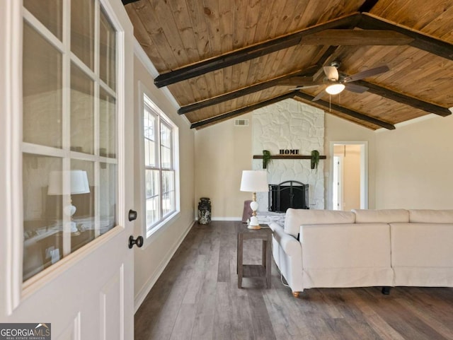 living area featuring wooden ceiling, a fireplace, visible vents, and dark wood-style flooring