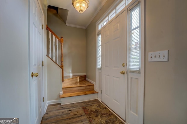 foyer with crown molding and dark hardwood / wood-style floors