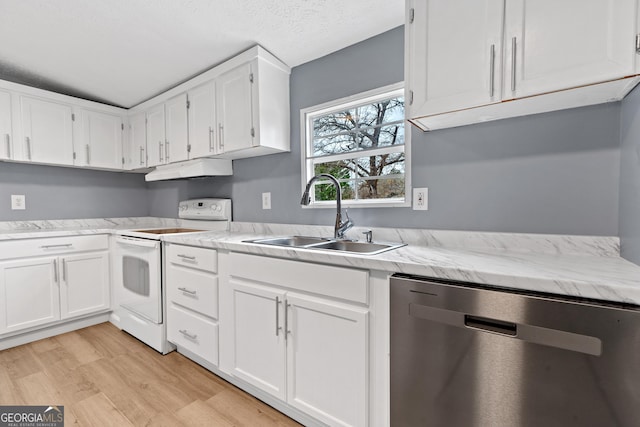 kitchen featuring electric stove, sink, white cabinetry, stainless steel dishwasher, and light wood-type flooring