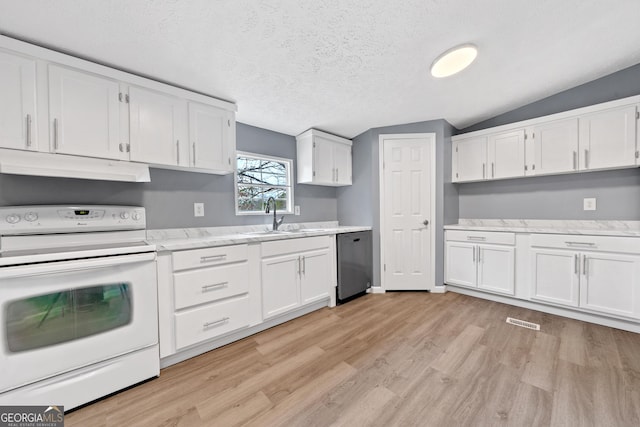 kitchen featuring white cabinets, dishwasher, sink, and electric range