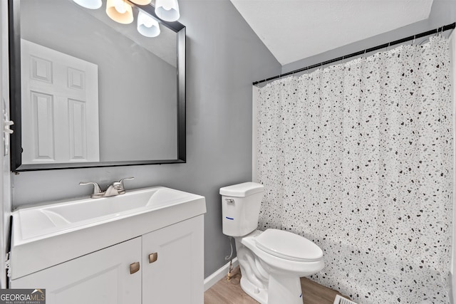 bathroom with wood-type flooring, toilet, and vanity