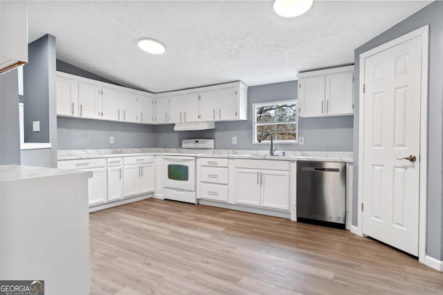 kitchen featuring sink, light hardwood / wood-style flooring, dishwasher, white range with electric stovetop, and white cabinets