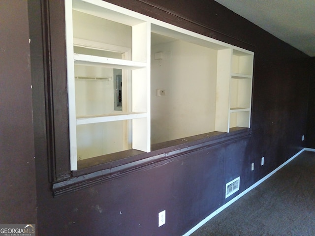 details with carpet, built in shelves, and baseboards