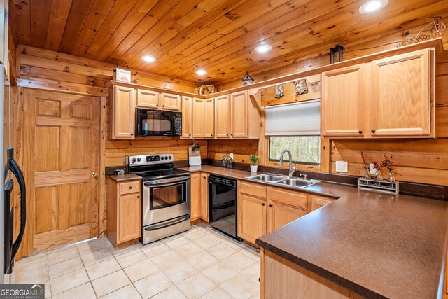 kitchen featuring sink, light brown cabinetry, black appliances, and wooden ceiling