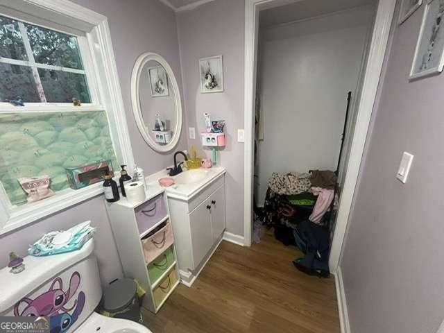 bathroom with hardwood / wood-style flooring, vanity, and toilet