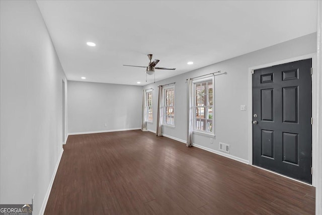 4138 Hickory Dr, Powder Springs, GA 30127 - unfurnished living room featuring dark hardwood / wood-style flooring and ceiling fan