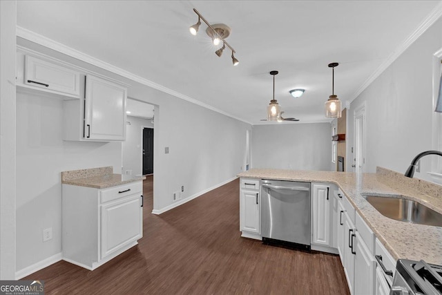 4138 Hickory Dr, Powder Springs, GA 30127 - kitchen featuring sink, decorative light fixtures, dark hardwood / wood-style flooring, stainless steel appliances, and white cabinets