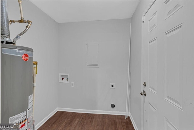 4138 Hickory Dr, Powder Springs, GA 30127 - clothes washing area featuring gas water heater, washer hookup, dark wood-type flooring, and hookup for an electric dryer