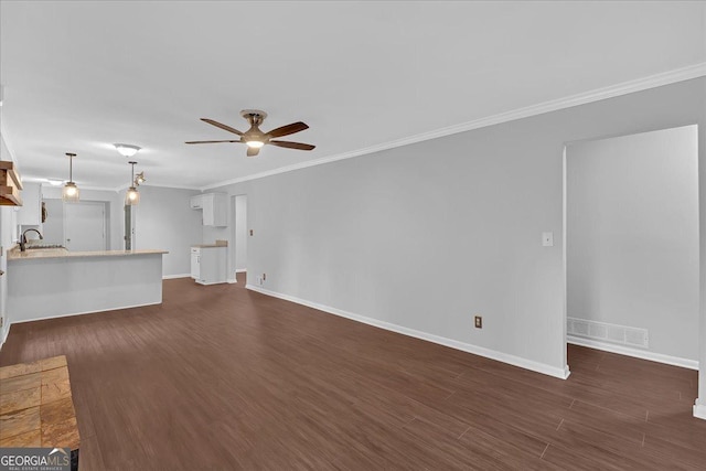 4138 Hickory Dr, Powder Springs, GA 30127 - unfurnished living room featuring sink, ornamental molding, dark hardwood / wood-style floors, and ceiling fan