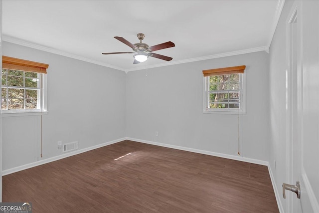 4138 Hickory Dr, Powder Springs, GA 30127 - unfurnished room featuring crown molding, ceiling fan, dark hardwood / wood-style flooring, and a wealth of natural light