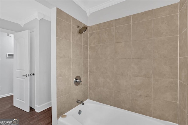 4138 Hickory Dr, Powder Springs, GA 30127 - bathroom with hardwood / wood-style flooring, ornamental molding, and tiled shower / bath