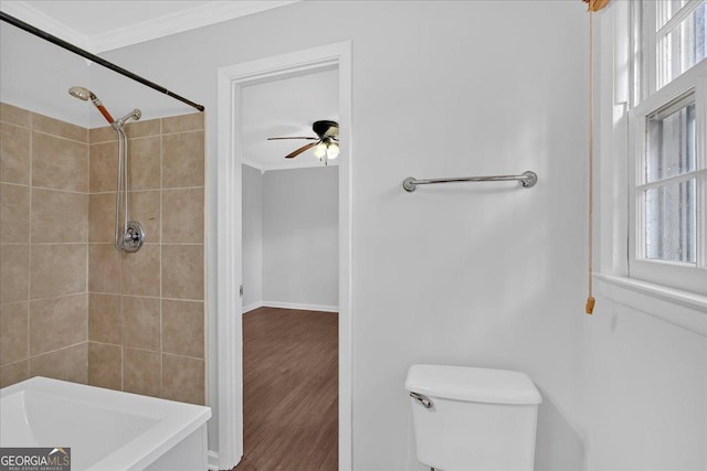 4138 Hickory Dr, Powder Springs, GA 30127 - bathroom featuring hardwood / wood-style floors, crown molding, a wealth of natural light, and toilet