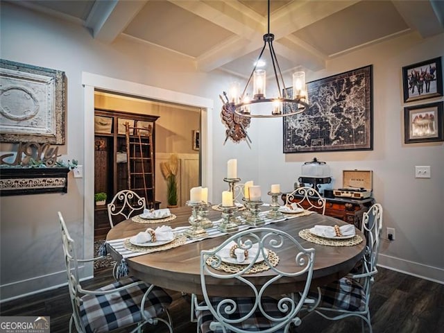 dining room with coffered ceiling, dark hardwood / wood-style flooring, an inviting chandelier, and beam ceiling