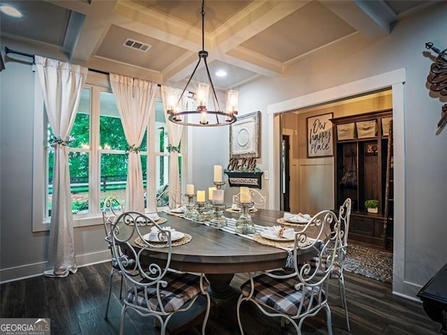 dining space with dark hardwood / wood-style flooring, beamed ceiling, coffered ceiling, and a healthy amount of sunlight