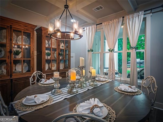 dining space featuring beamed ceiling, coffered ceiling, and a notable chandelier