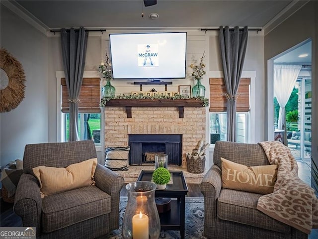 sitting room with a fireplace