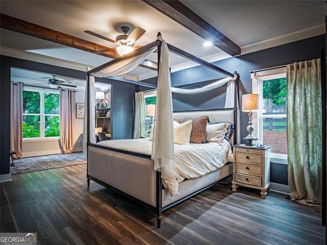 bedroom featuring beamed ceiling, ceiling fan, and dark hardwood / wood-style flooring