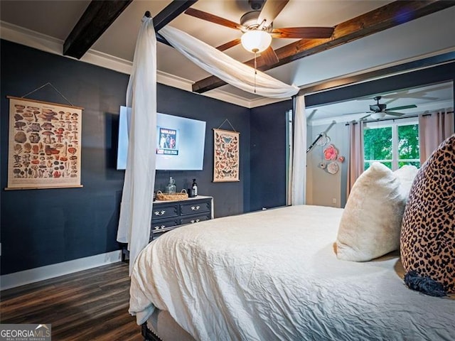 bedroom with dark wood-type flooring, ceiling fan, and beamed ceiling