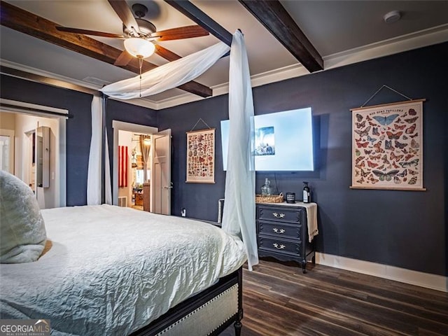 bedroom featuring beamed ceiling, crown molding, dark hardwood / wood-style floors, and ceiling fan