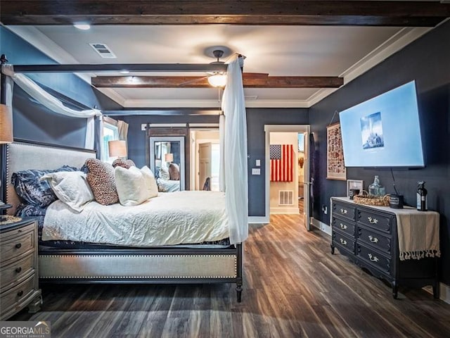 bedroom with ceiling fan, dark wood-type flooring, ornamental molding, and beamed ceiling