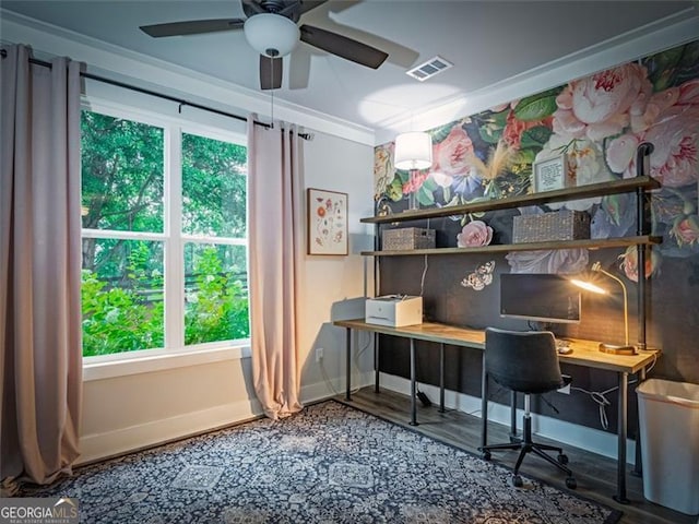 office with crown molding, ceiling fan, and hardwood / wood-style flooring