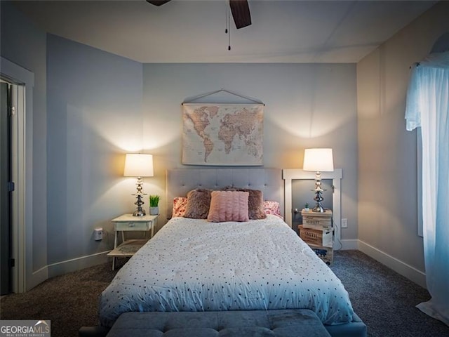 bedroom with ceiling fan and carpet flooring