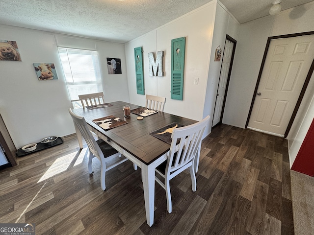 dining room with crown molding, dark wood-type flooring, and a textured ceiling