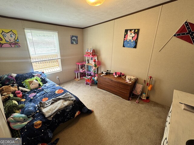 bedroom with ornamental molding, carpet flooring, and a textured ceiling