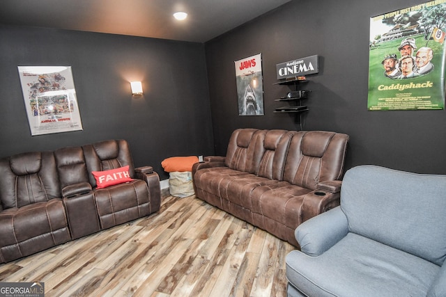 home theater with wood-type flooring